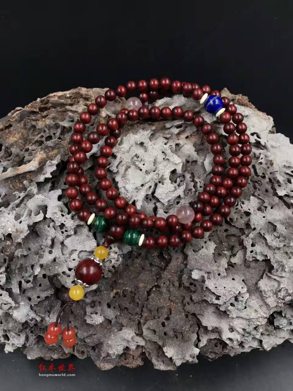 印度小叶紫檀0.6*108手串 高密度带金星搭配天然青金石孔雀石南红-2