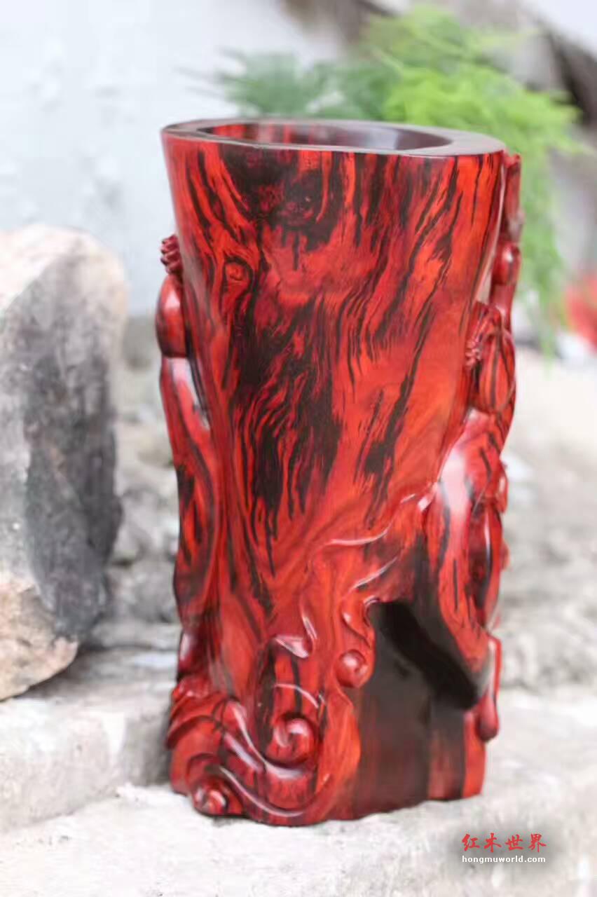 小叶紫檀草龙笔筒 精选火焰纹老呢料工艺精湛-5