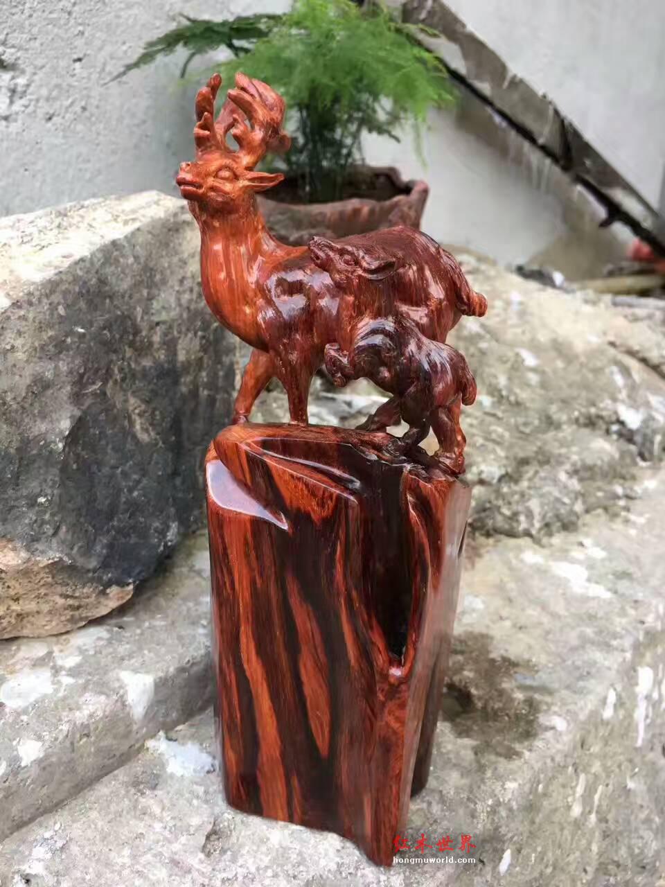 印度小叶紫檀笔筒双鹿寓意《路路通畅》-2
