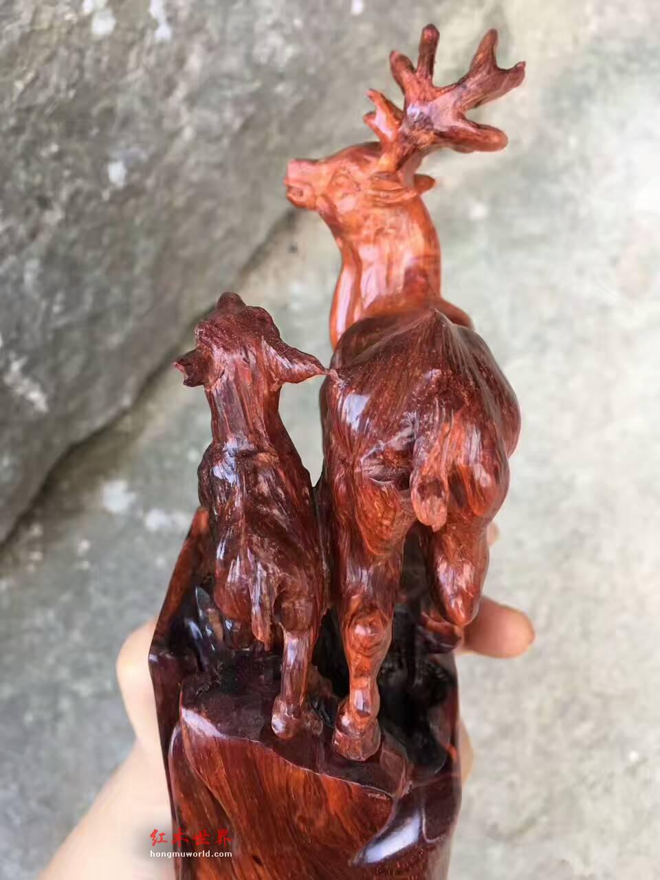印度小叶紫檀笔筒双鹿寓意《路路通畅》-4