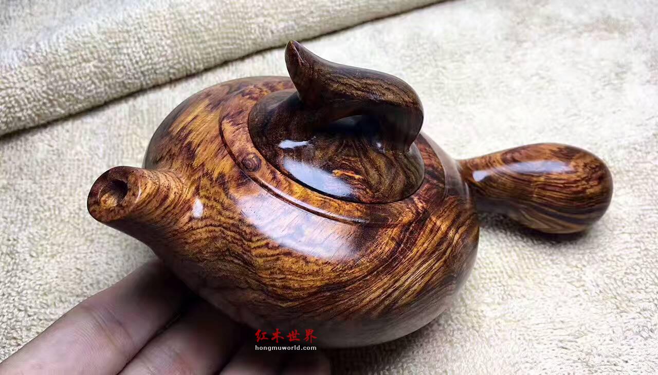 海南黄花梨茶壶 贵族黄金底虎皮山水纹饱满荧光度超好-5