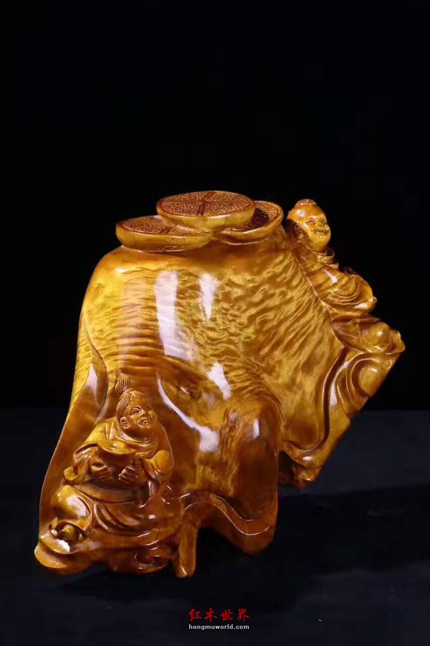 小叶桢楠《散财童子》大师之作刀工细腻底色饱满-7