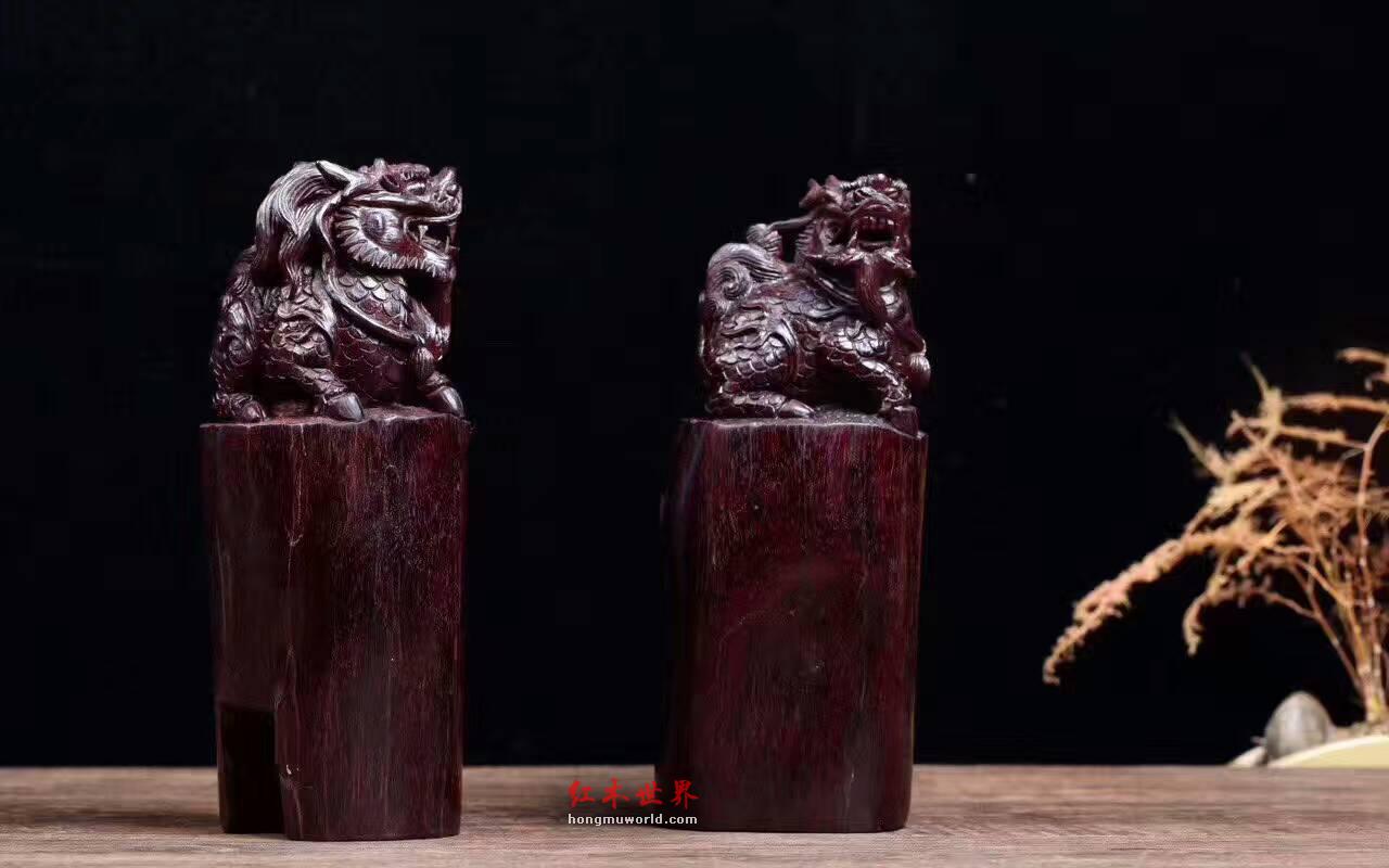 小叶紫檀成对小摆件《麒麟纳福》辟邪招财进宝-2