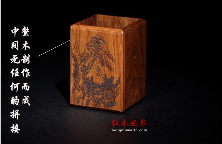 花梨木方笔筒 雕刻中国水墨山水画红木笔筒-3