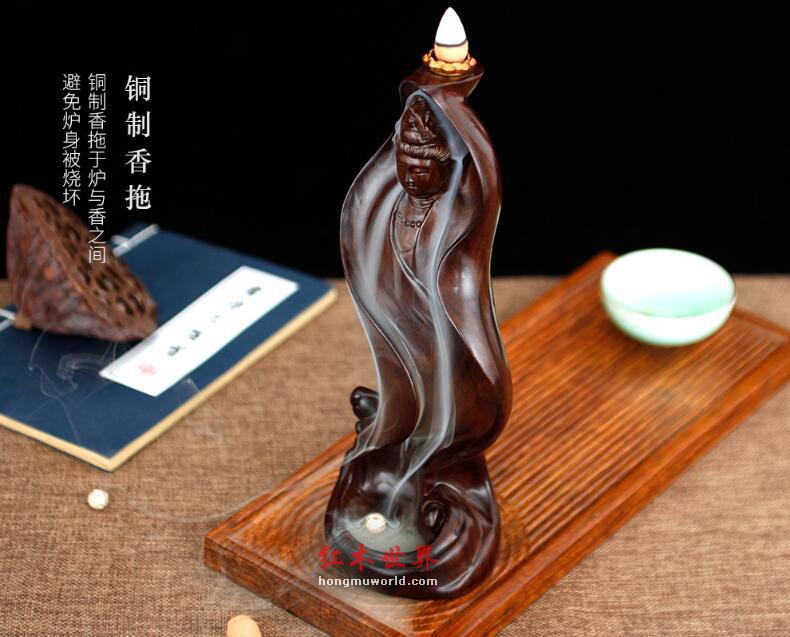 黑檀木雕一叶观音倒流香创意摆件-5