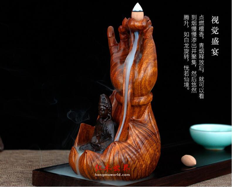 木雕佛手观音倒流香炉创意摆件木质工艺品茶道居家熏香炉-4